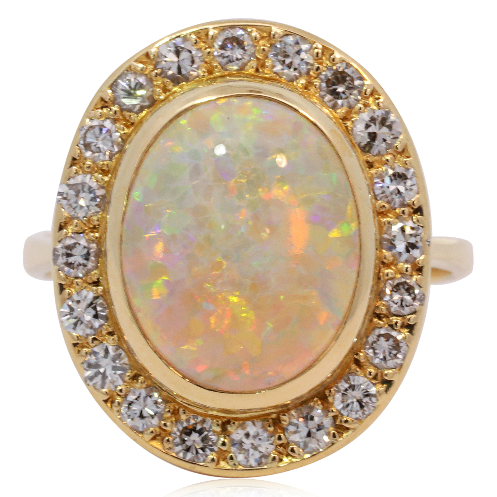 Yellow Gold Blue Green Yellow Orange Red Crystal Opal and Diamond Ring
