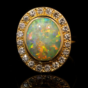 Yellow Gold Blue Green Yellow Orange Red Crystal Opal and Diamond Ring