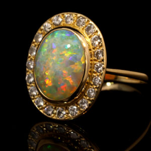 Yellow Gold Blue Green Yellow Orange Red Crystal Opal and Diamond Ring