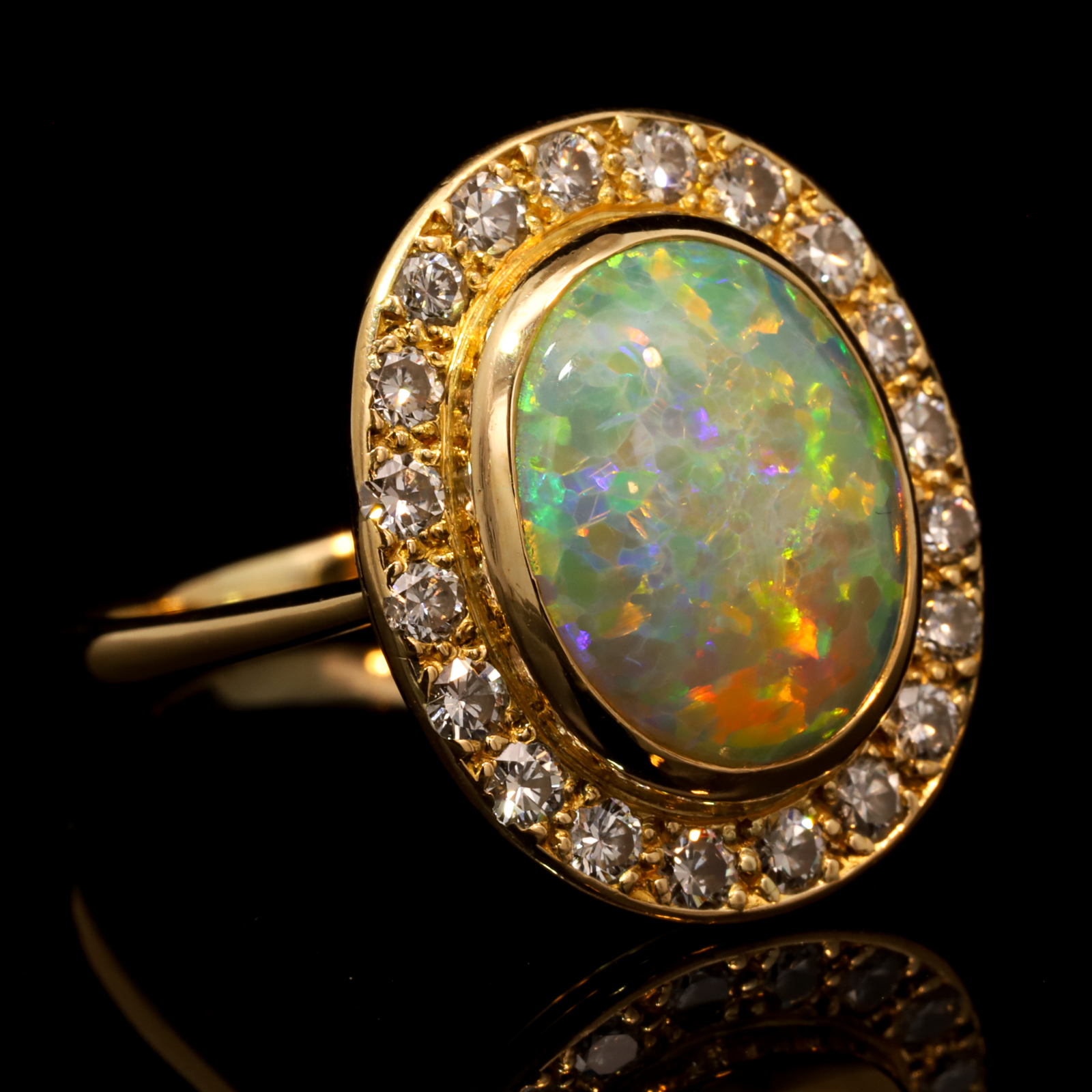 Yellow Gold Blue Green Yellow Orange Red Crystal Opal and Diamond Ring