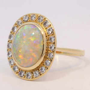 Yellow Gold Blue Green Yellow Orange Red Crystal Opal and Diamond Ring