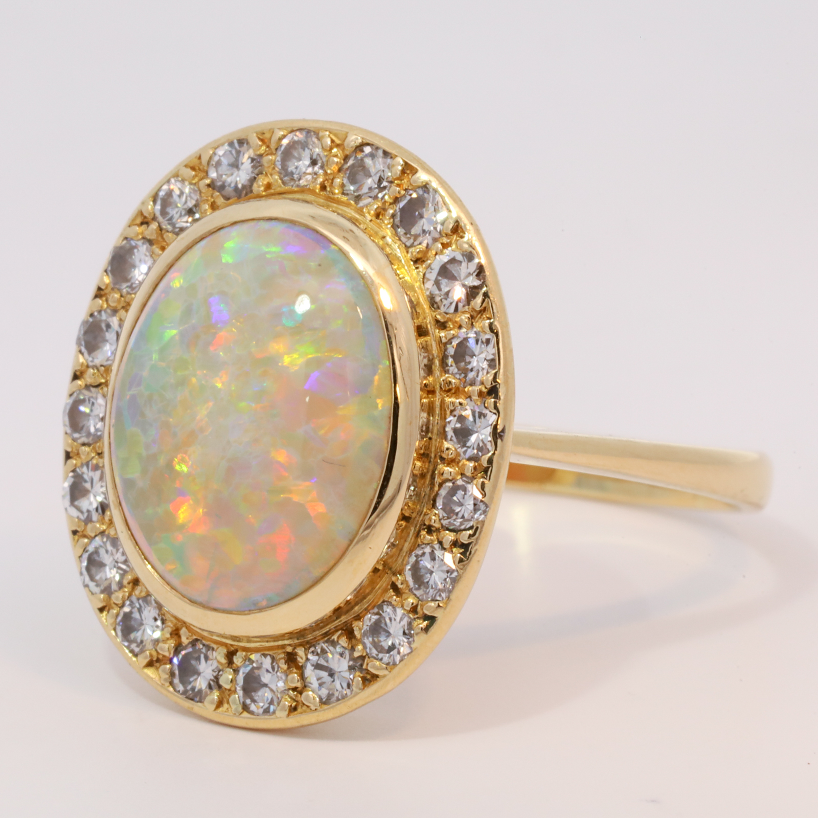 Yellow Gold Blue Green Yellow Orange Red Crystal Opal and Diamond Ring
