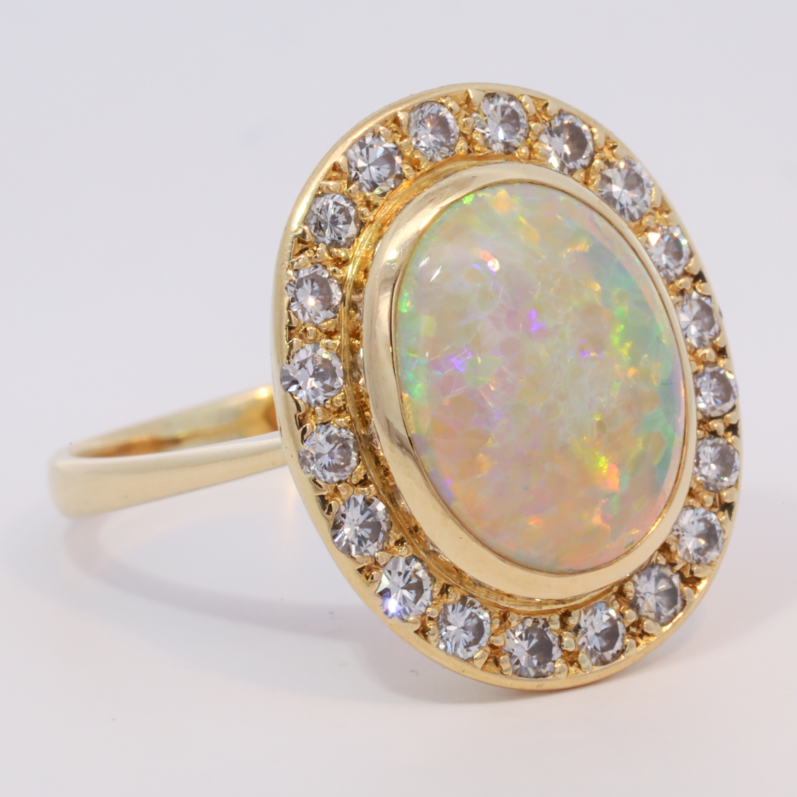 Yellow Gold Blue Green Yellow Orange Red Crystal Opal and Diamond Ring