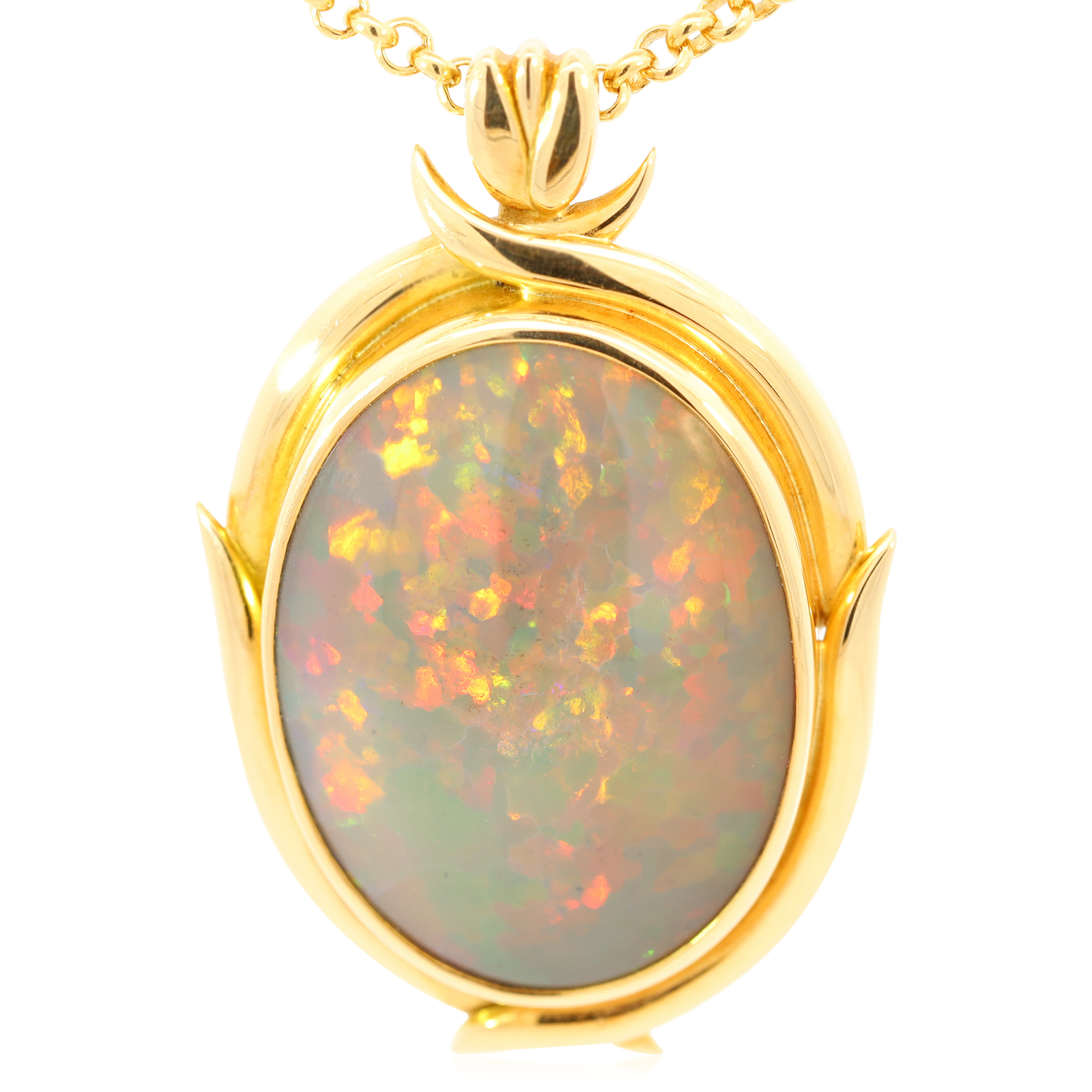 Yellow Gold Blue Green Yellow Orange Red Jelly Opal Pendant and Chain