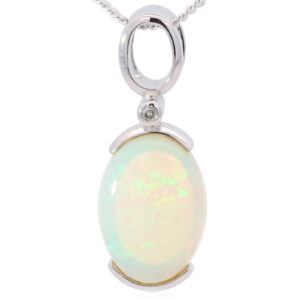 White Gold Blue Green Crystal Opal and Diamond Pendant