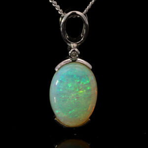 White Gold Blue Green Crystal Opal and Diamond Pendant