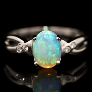White Gold Blue Green Crystal Opal and Diamond Ring