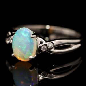 White Gold Blue Green Crystal Opal and Diamond Ring