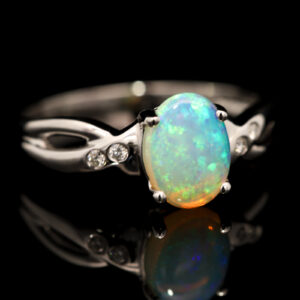 White Gold Blue Green Crystal Opal and Diamond Ring