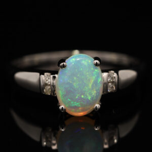 White Gold Blue Green Crystal Opal and Diamond Ring