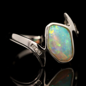 White Gold Blue Green Yellow Orange Crystal Opal and Diamond Ring