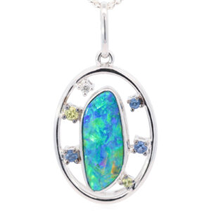White Gold Blue Green Yellow Orange Doublet Opal Diamond and Sapphire Pendant