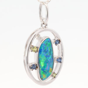 White Gold Blue Green Yellow Orange Doublet Opal Diamond and Sapphire Pendant