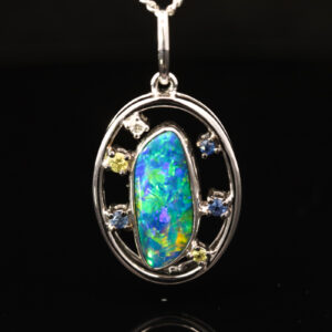 White Gold Blue Green Yellow Orange Doublet Opal Diamond and Sapphire Pendant