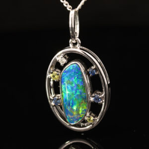 White Gold Blue Green Yellow Orange Doublet Opal Diamond and Sapphire Pendant