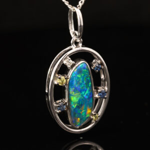 White Gold Blue Green Yellow Orange Doublet Opal Diamond and Sapphire Pendant