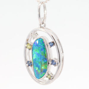 White Gold Blue Green Yellow Orange Doublet Opal Diamond and Sapphire Pendant