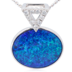 White Gold Blue Green Doublet Opal and Diamond Pendant