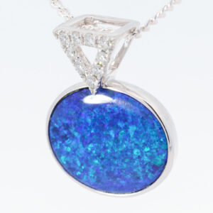 White Gold Blue Green Doublet Opal and Diamond Pendant