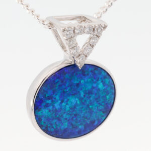 White Gold Blue Green Doublet Opal and Diamond Pendant