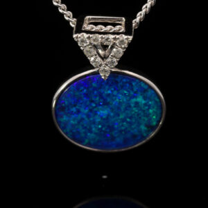 White Gold Blue Green Doublet Opal and Diamond Pendant