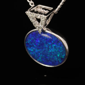 White Gold Blue Green Doublet Opal and Diamond Pendant
