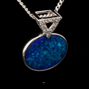 White Gold Blue Green Doublet Opal and Diamond Pendant