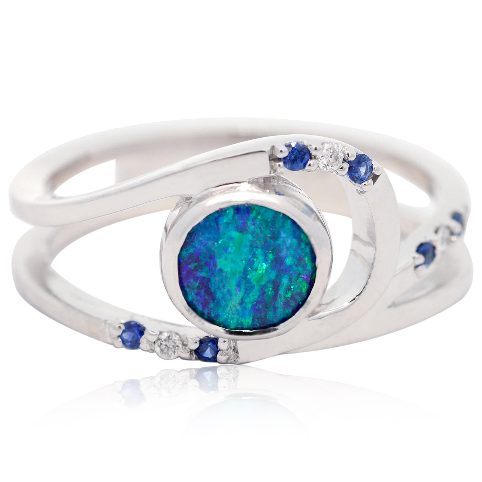White Gold Blue Green Boulder Opal Ceylon Sapphire and Diamond Ring