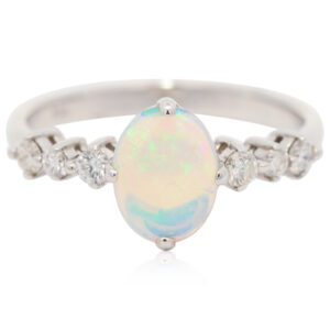 White Gold Blue Green Crystal Opal and Diamond Ring