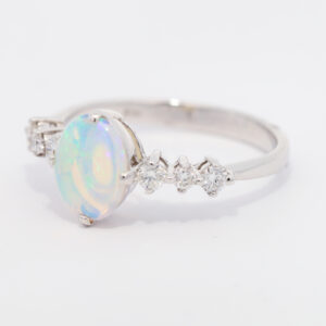 White Gold Blue Green Crystal Opal and Diamond Ring