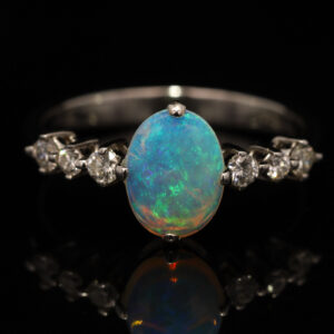 White Gold Blue Green Crystal Opal and Diamond Ring