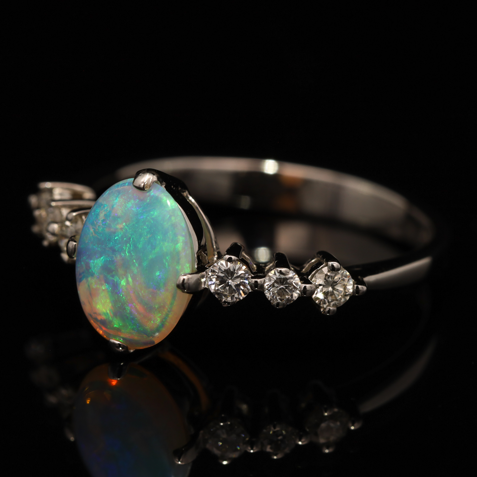 White Gold Blue Green Crystal Opal and Diamond Ring