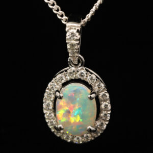White Gold Blue Green Yellow Orange Red Crystal Opal and Diamond Pendant