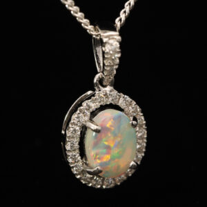 White Gold Blue Green Yellow Orange Red Crystal Opal and Diamond Pendant