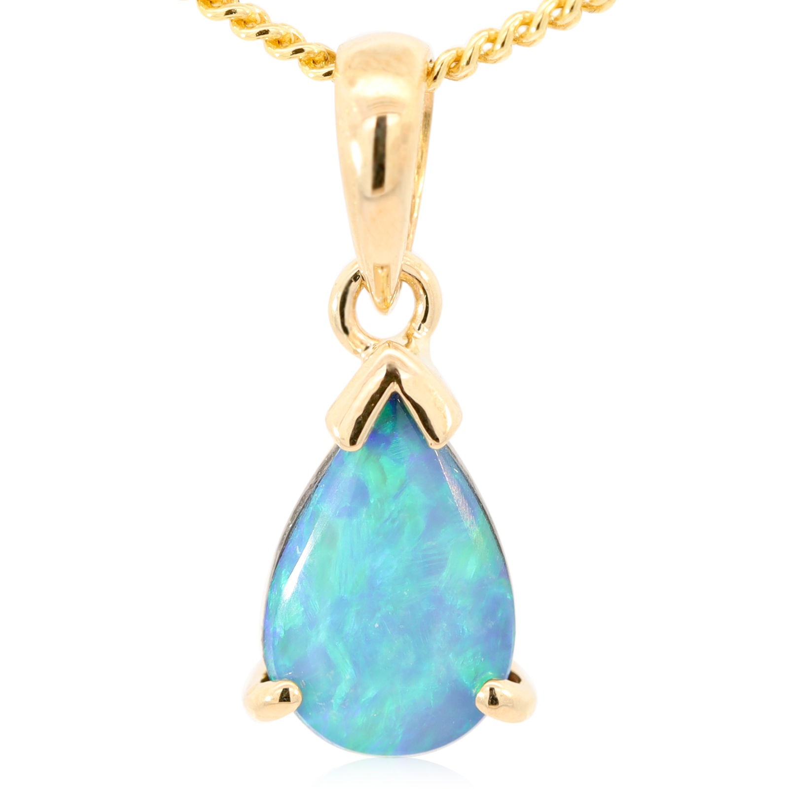 Yellow Gold Blue Green Doublet Opal Pendant