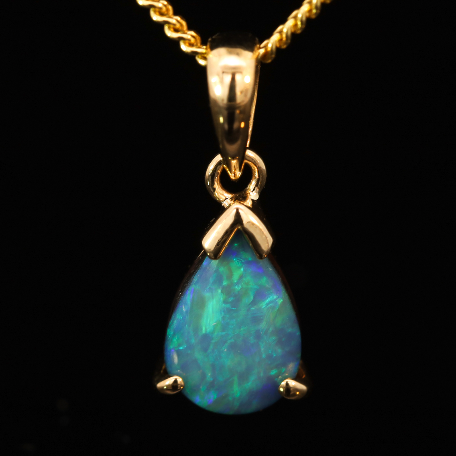 Yellow Gold Blue Green Doublet Opal Pendant