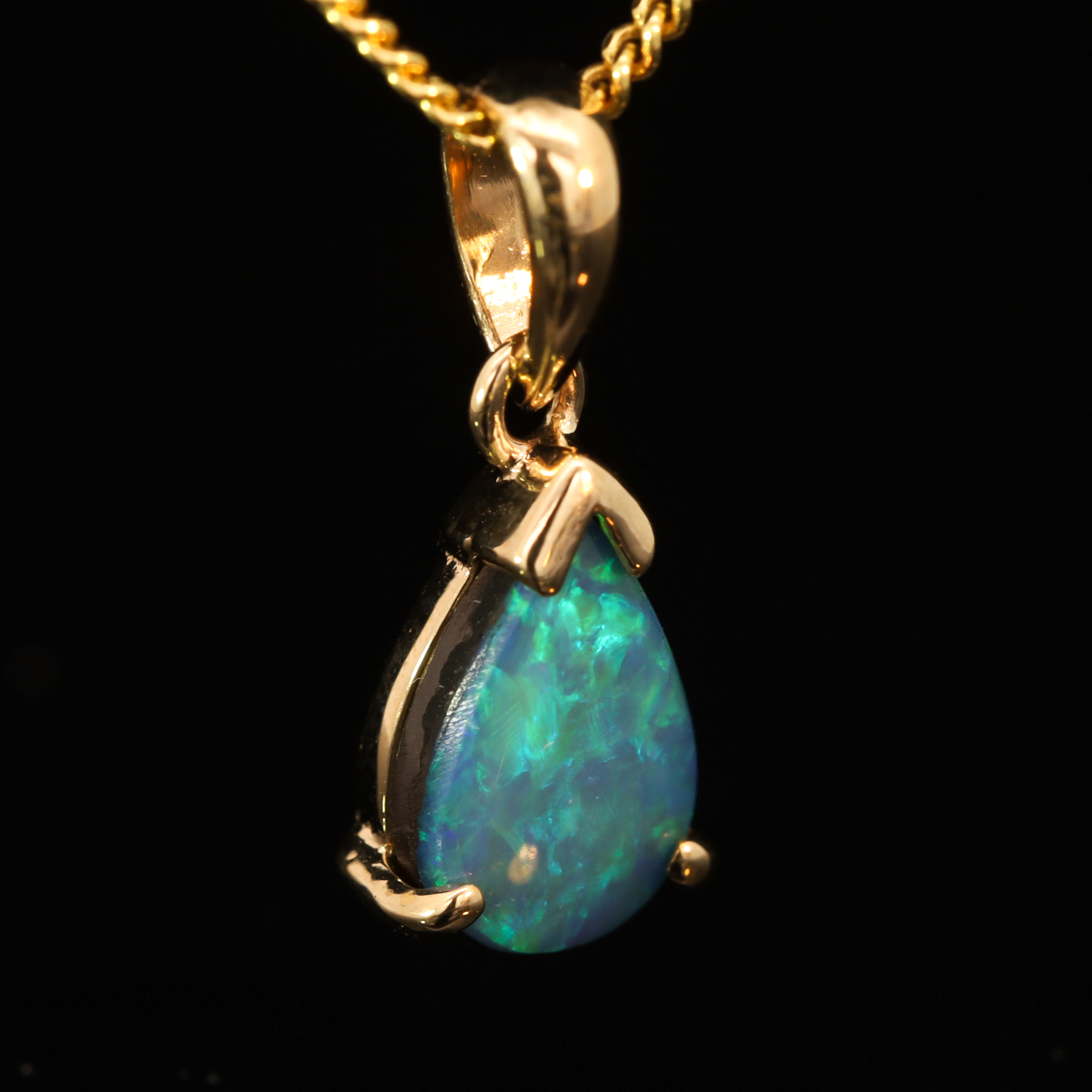 Yellow Gold Blue Green Doublet Opal Pendant