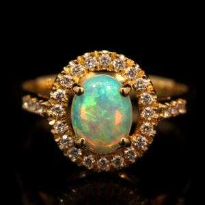 Yellow Gold Blue Green Crystal Opal and Diamond Ring