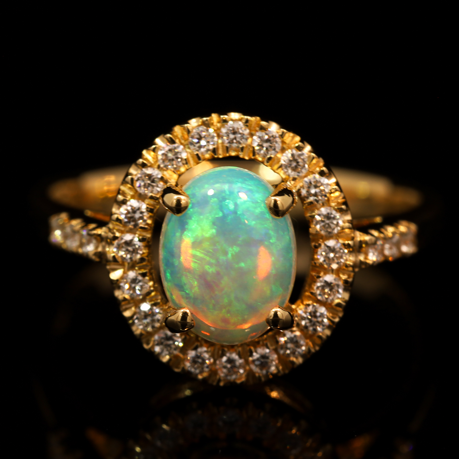 Yellow Gold Blue Green Crystal Opal and Diamond Ring