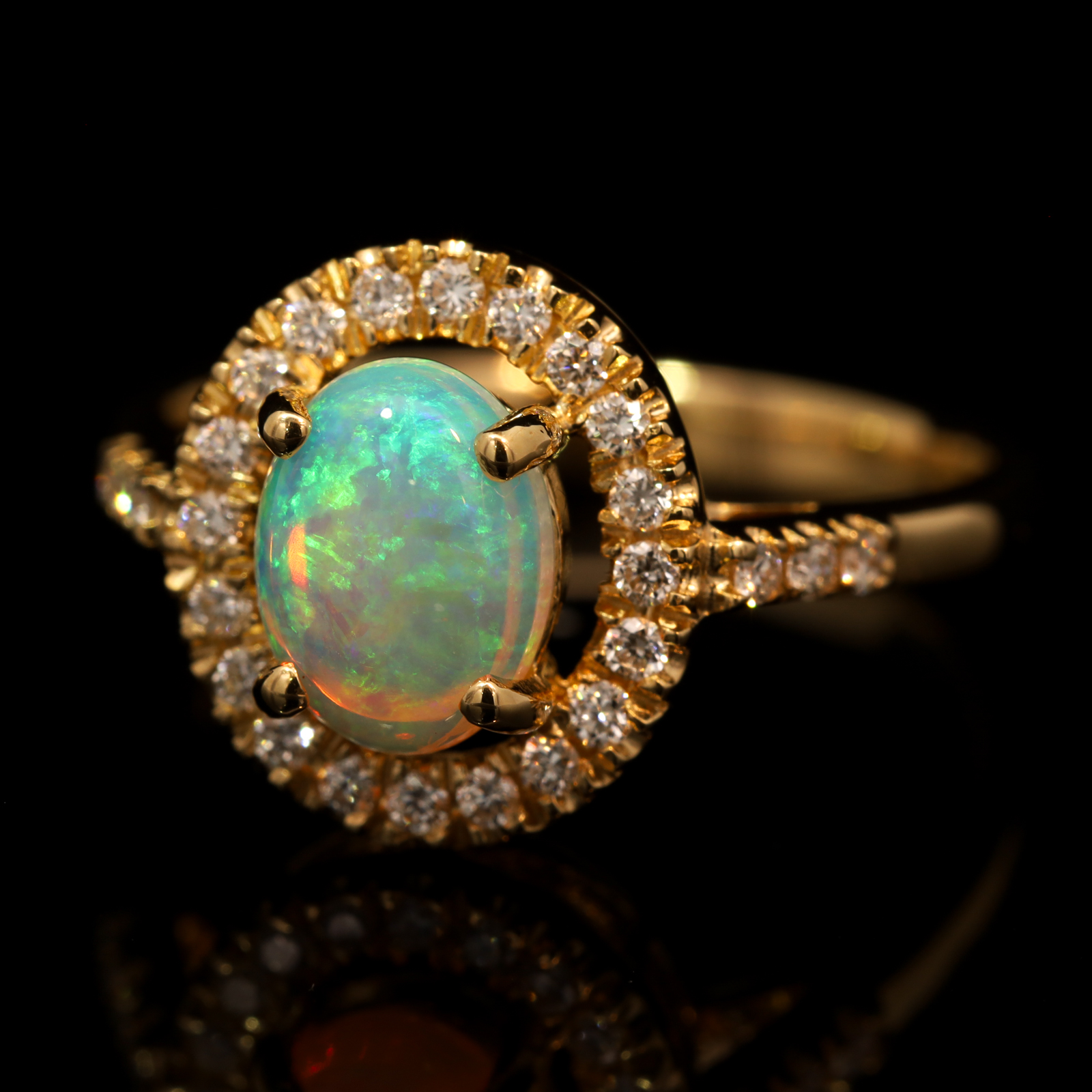 Yellow Gold Blue Green Crystal Opal and Diamond Ring