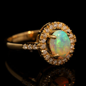 Yellow Gold Blue Green Crystal Opal and Diamond Ring