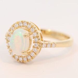 Yellow Gold Blue Green Crystal Opal and Diamond Ring
