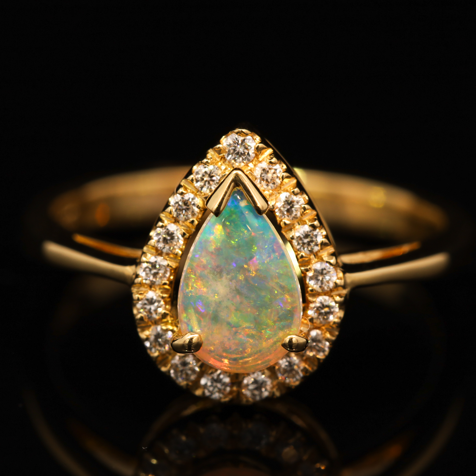 Yellow Gold Blue Green Yellow Orange Pink Crystal Opal and Diamond Ring