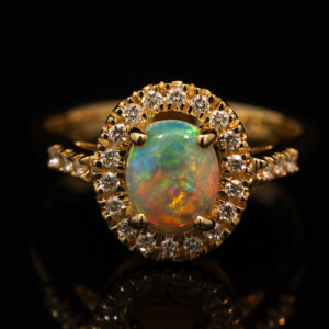 Yellow Gold Blue Green Yellow Orange Red Crystal Opal and Diamond Ring