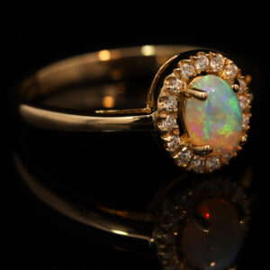 Yellow Gold Blue Green Yellow Orange Red Crystal Opal and Diamond Ring
