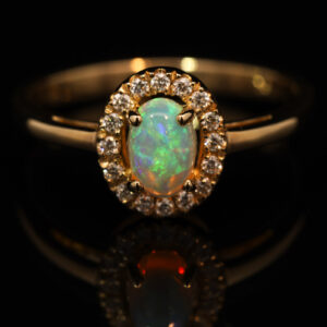 Yellow Gold Blue Green Yellow Orange Red Crystal Opal and Diamond Ring