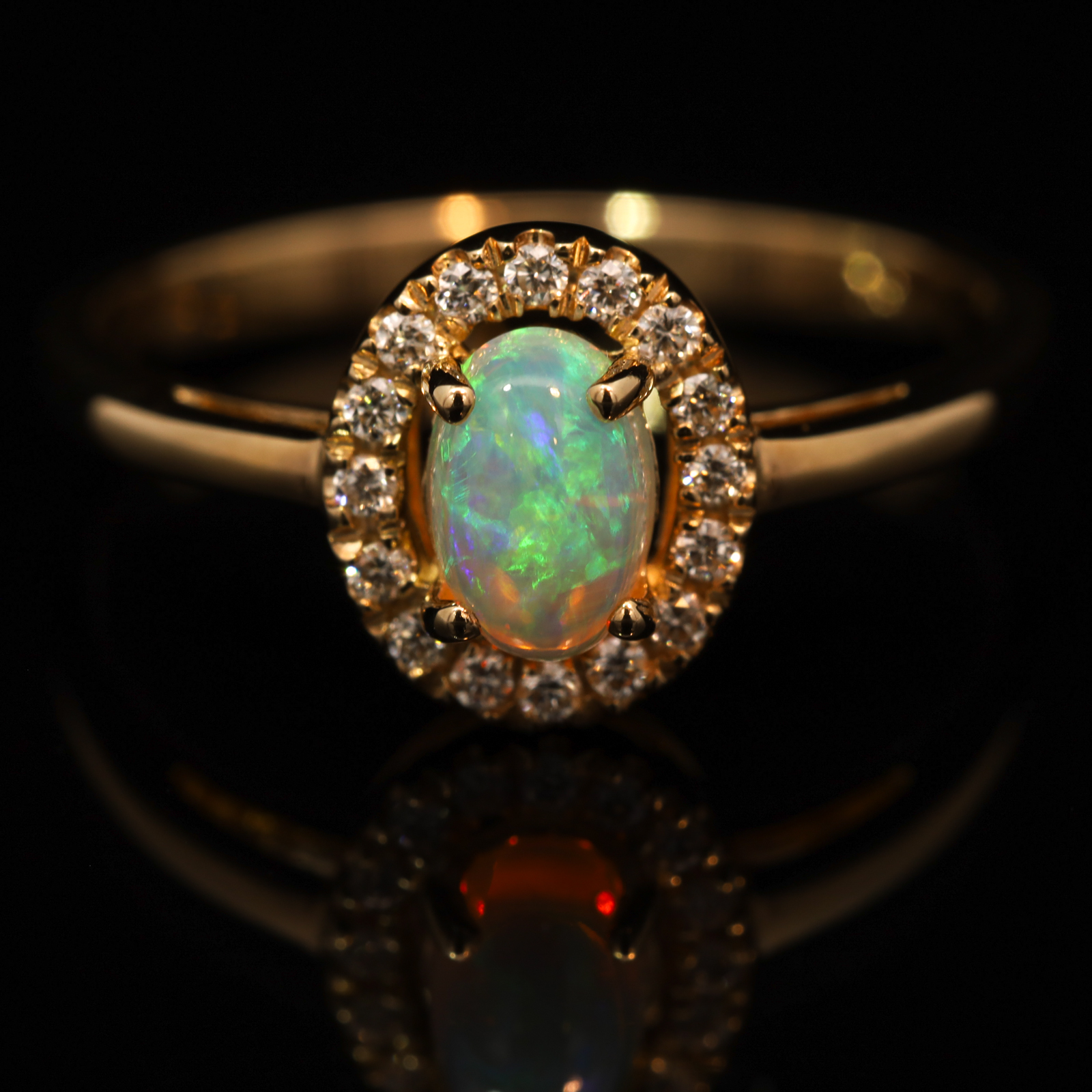 Yellow Gold Blue Green Yellow Orange Red Crystal Opal and Diamond Ring