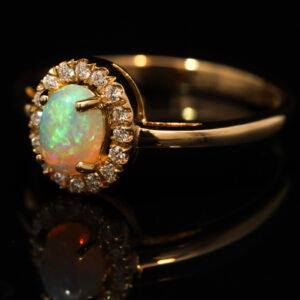 Yellow Gold Blue Green Yellow Orange Red Crystal Opal and Diamond Ring