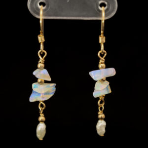 Yellow Gold-filled Blue Green Purple Crystal Opal and Freshwater Pearl Earrings