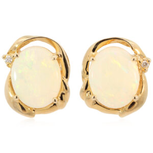 Yellow Gold Blue Green Yellow Orange Crystal Opal and Diamond Earrings